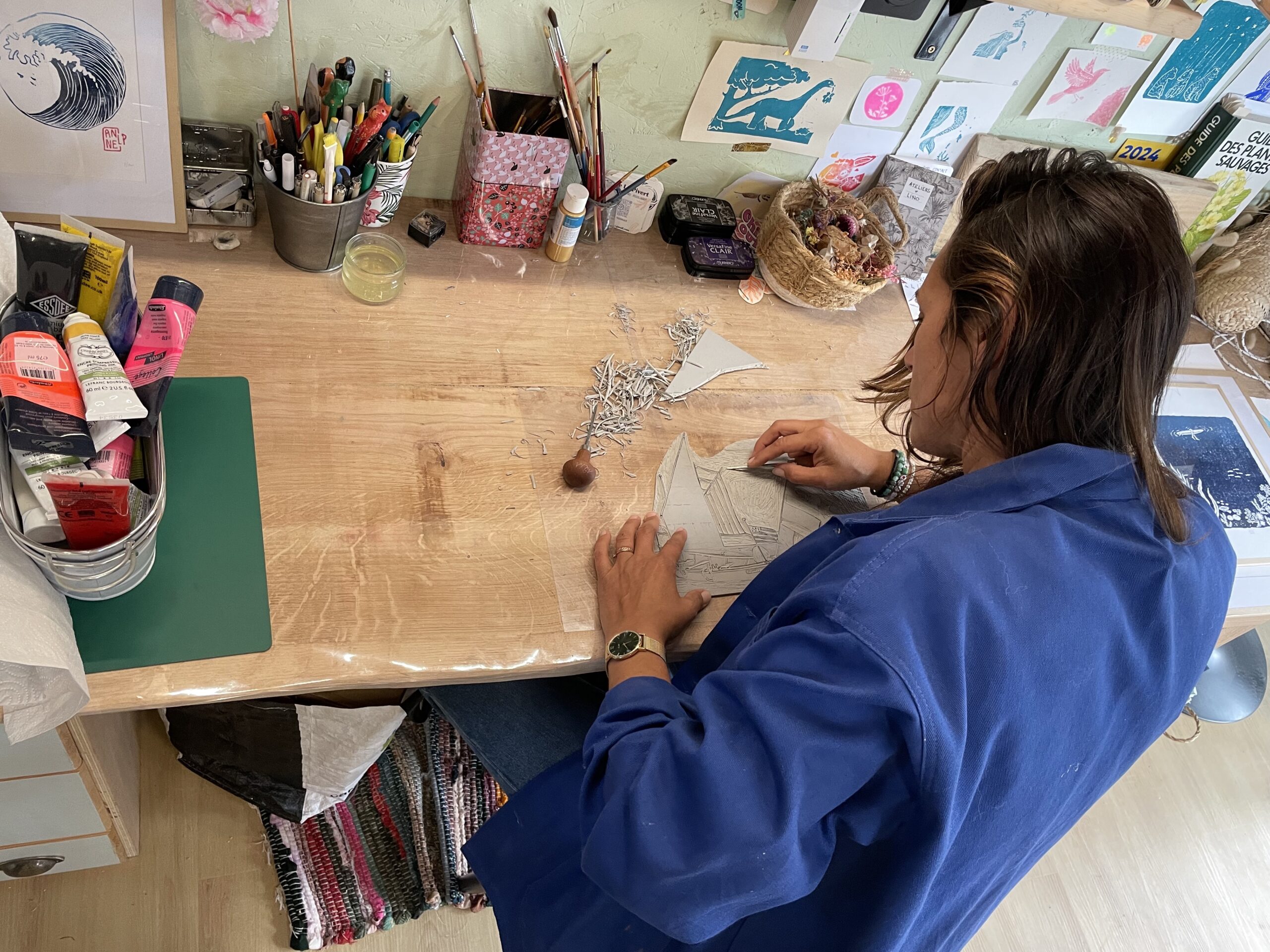 atelier de linogravure de Anne Le Pivert à Saint-Suliac